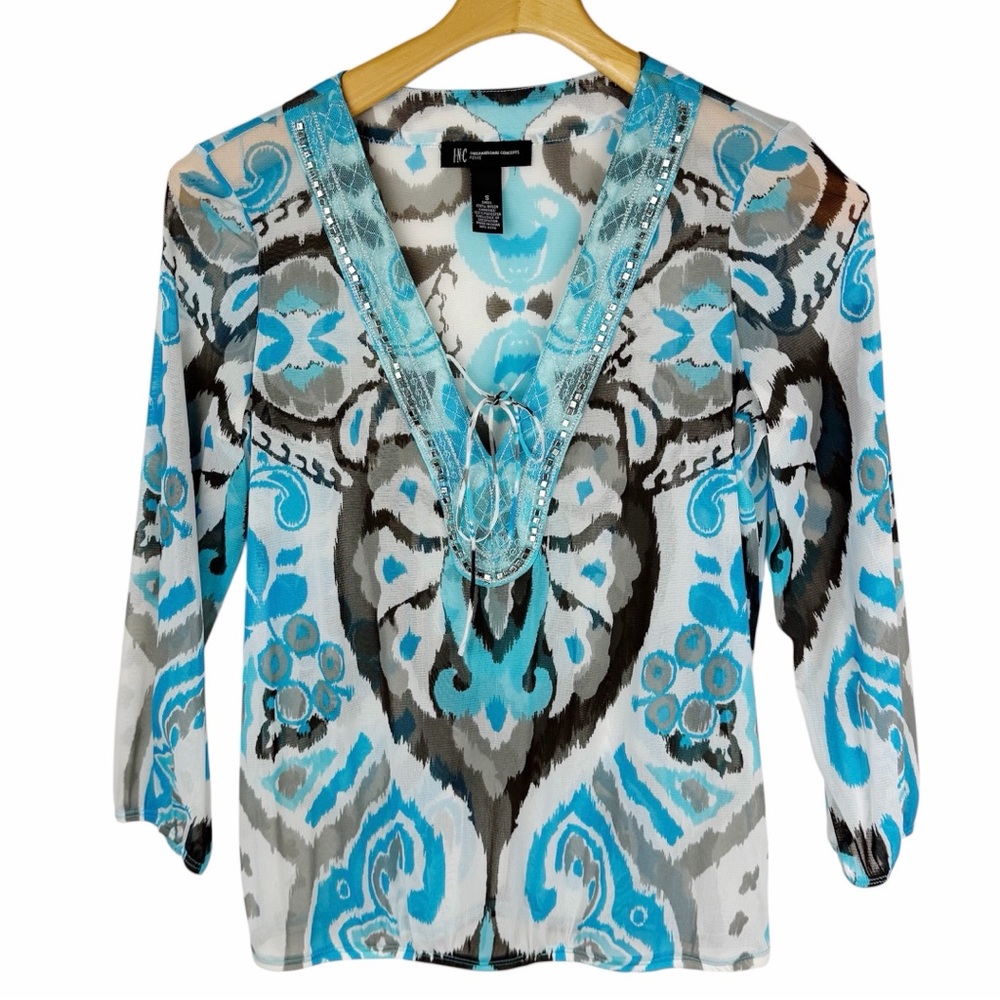 INC International Concepts Sheer Silver Beaded Blouse Aqua Gray Petite Small